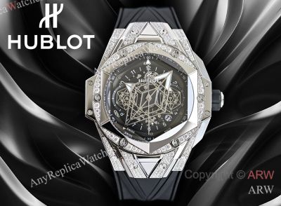 High Quality Replica HUBLOT BIG BANG SANG BLEU II Black Fluororubber Strap Black Skeletonized Geometric Face Dial Titanium With Diamond-Set Case Watch 45mm